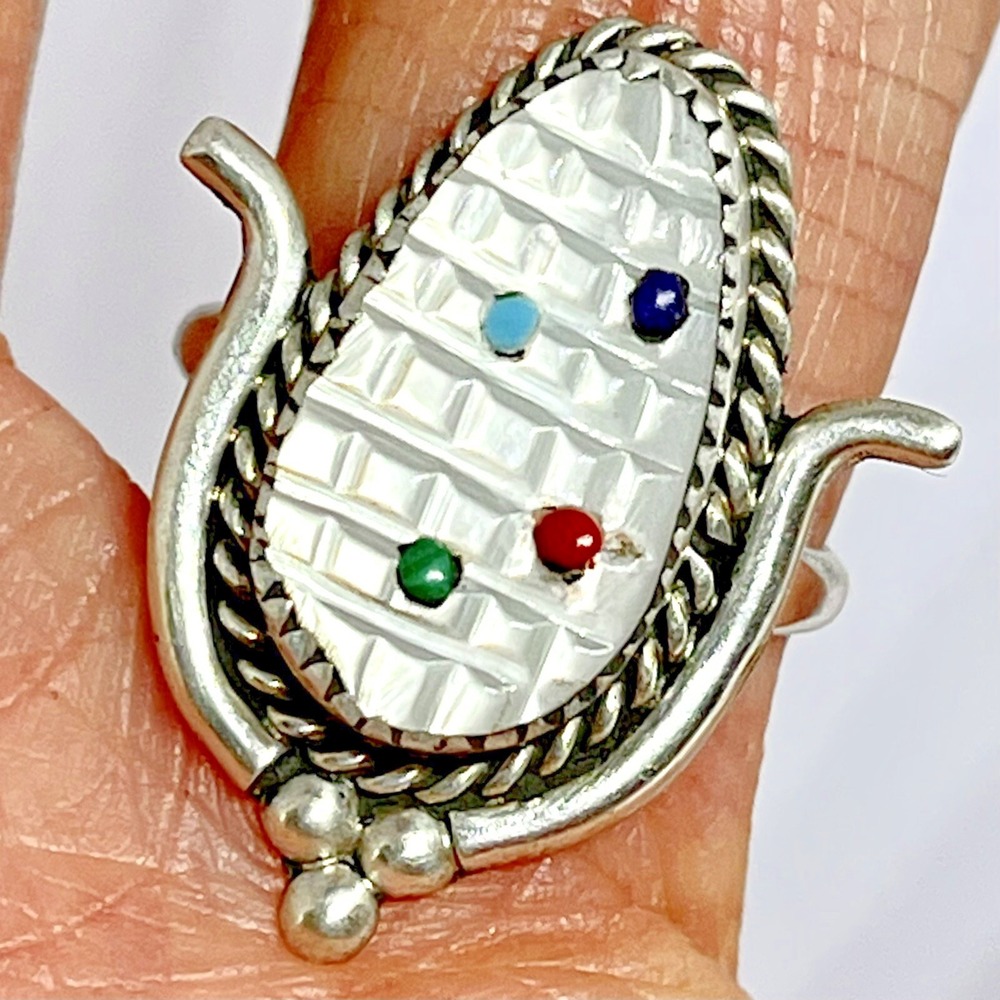 Zuni Corn Ring Sz 7 Carved White MOP Turquoise Sterling Signed Inlay Ear Indian